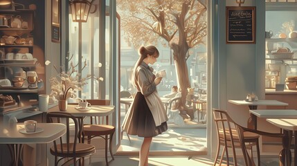 Serene Morning in a Cozy Cafe With a Young Woman Enjoying Her Coffee - obrazy, fototapety, plakaty