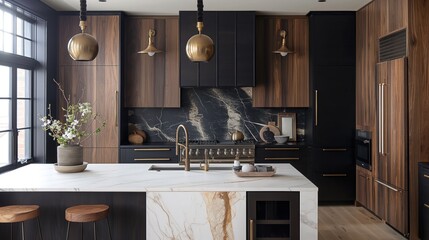 Elegant Modern Kitchen With Marble Island, Dark Wood Cabinets, and Brass Accents - obrazy, fototapety, plakaty