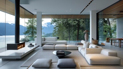 Modern Mountain Home Living Room With Expansive Glass Walls Overlooking Nature