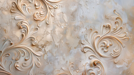 Closeup texture fragment shot of wall, decorated with decorative golden plaster, putty with decorative lace and ornate patterns, irregularities and roughness - obrazy, fototapety, plakaty