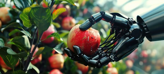 Robot hand future concept technology food science apple flower green industry arm isolated - obrazy, fototapety, plakaty