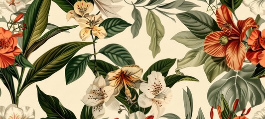 Seamless pattern background featuring a collection of vintage botanical illustrations with flowers and leaves in muted colors