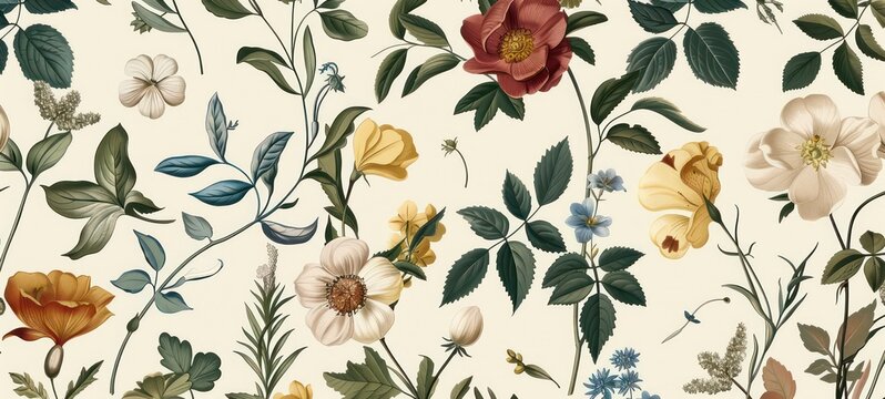 Seamless pattern background featuring a collection of vintage botanical illustrations with flowers and leaves in muted colors