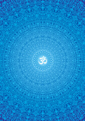 Openwork mandala in blue with the sign aum / om / ohm. Vector graphics.