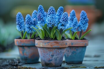 Three potted houseplants with blue flowers on a table