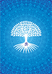 Openwork mandala in blue with the sign aum, om ,ohm. Vector graphics.