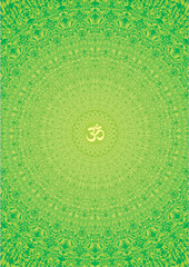 Openwork mandala in green with the sign aum, om, ohm. Vector graphics.