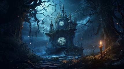 Mythical clock tower at the heart of an enchanted forest