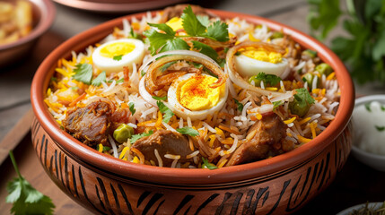 Aromatic Biryani, layered with spiced rice, tender pieces of meat, and saffron, garnished with fried onions, boiled eggs, and fresh cilantro.