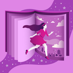 A girl inside a fantasy book between the pages. Vector illustration