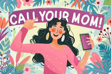 Girl holding phone with letter banner that says Call Your Mom and colorful floral background