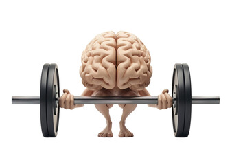 Brain with arms lifting gym bar doing exercise. Three dimension cartoon illustration over white transparent background - obrazy, fototapety, plakaty