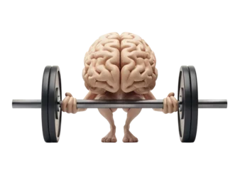 Gardinen Brain with arms lifting gym bar doing exercise. Three dimension cartoon illustration over white transparent background © Pajaros Volando