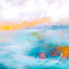 Fototapeta na wymiar Impressionistic Trio of Sailboats at Sunrise or Sunset in the Waves, but Near the Lakeside Shoreline - in vibrant blue/teal, orange, pink Purple - Digital Painting, Art, Illustration, Design, Artwork