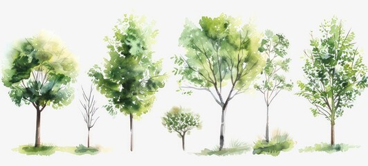 Tree set with green leaves isolated on white, tree collection, watercolor illustration