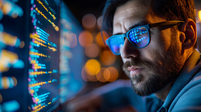 Man focused on programming and software development work. Concept of hard work of computer coding and programming for systems.