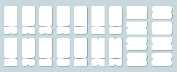 Blank tickets set. Realistic white mockup ticket for concert, boarding, lottery, movie and coupon. Vector illustration.