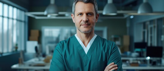 Middle aged male doctor in scrubs standing with arms crossed in contemporary office setting portrait orientation - obrazy, fototapety, plakaty