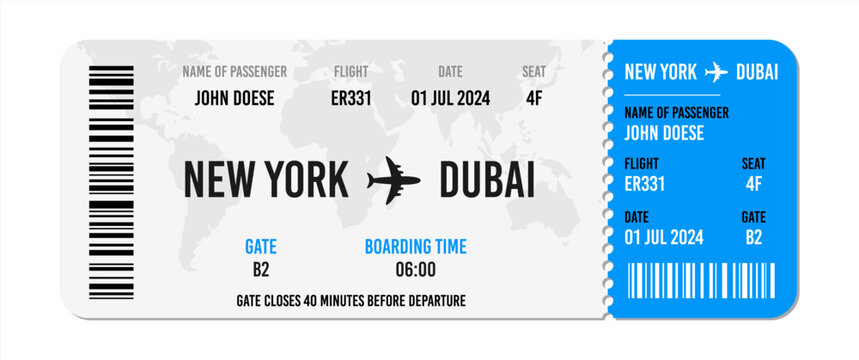 Realistic airline ticket design with passenger name. Vector illustration 10 eps.