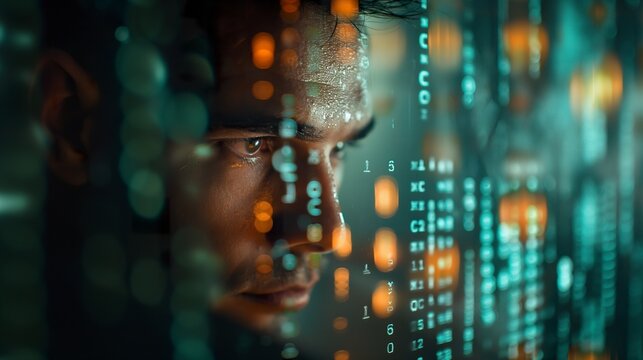 Man focused on programming and software development work. Concept of hard work of computer coding and programming for systems.