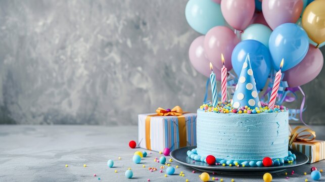 a blue birthday cake, surrounded by presents, party hats, and a burst of colorful balloons, all artfully arranged over a light grey background