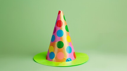 Fototapeta premium A vivid and colorful birthday cap stands out boldly against a green background