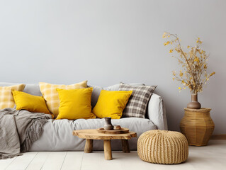Cozy grey sofa with yellow cushions and grey plaid. Knitted pouf and wicker side table against empty wall with copy space. Farmhouse, scandinavian home interior design of modern living room.