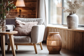 Grey lounge chair near coffee table against window. Farmhouse, boho home interior design of modern living room.