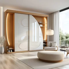 Gardinen Wooden wardrobe with glossy sliding doors in minimalist style interior design of modern bedroom. © Vadim Andrushchenko
