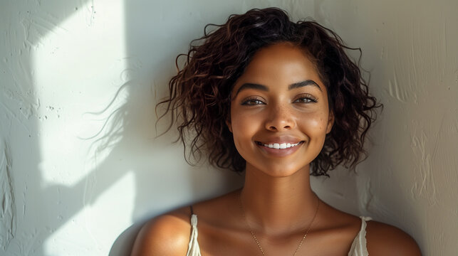 A young atractive woman smiling and standing against white limestone background.