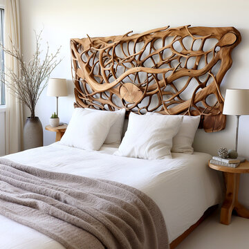 Rustic wooden branch wall decor over bed with white pillos and beige plaid. Farmhouse, country interior design of modern bedroom.