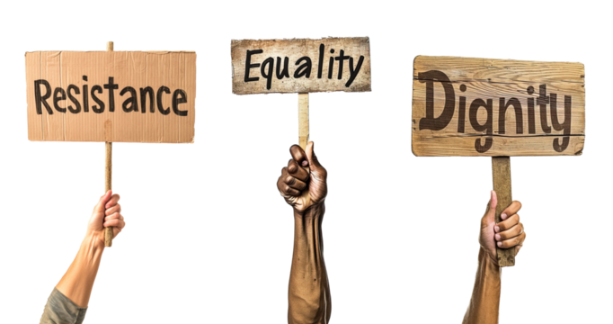 Multi ethnic hands rising hands with protest posters fighting for resistance, equality and dignity. Isolated transparent background