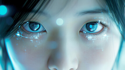 Female Asian eyes looking at camera with biometric eye recognition system. Close up image - obrazy, fototapety, plakaty