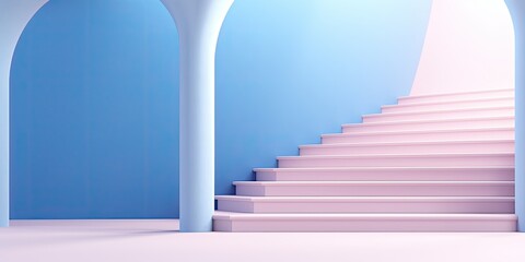 Minimal interior with arches, stairs, and blue pastel and white banners for product presentation.