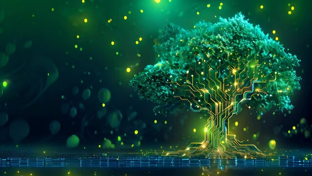 Digital Tree with Neon Circuit Roots