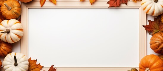 Autumn themed portrait frame with pumpkins on a light wall - obrazy, fototapety, plakaty