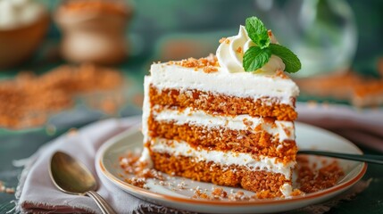 A luscious slice of carrot sponge cake, rich and sweet, elegantly garnished with a fresh mint leaf - obrazy, fototapety, plakaty