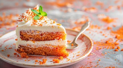 A luscious slice of carrot sponge cake, rich and sweet, elegantly garnished with a fresh mint leaf