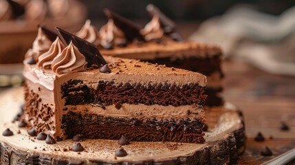 A delectable close-up of a chocolate sponge cake - obrazy, fototapety, plakaty