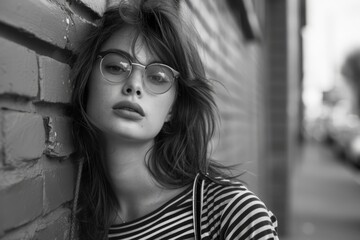 A youthful and edgy black and white portrait of a young woman with glasses, her windswept hair framing a look of contemplative cool against a brick backdrop.