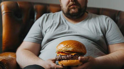 close up view of overweight man sitting holding a hamburger, sedentary lifestyle, bad habits - obrazy, fototapety, plakaty