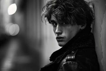 A young man's evocative side glance emerges from the shadows of an alley, captured in a dramatic black and white composition with soft bokeh lights.