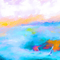 Impressionistic Trio of Sailboats at Sunrise or Sunset in the Waves, but Near the Lakeside Shoreline - in vibrant blue/teal, orange, pink Purple - Digital Painting, Art, Illustration, Design, Artwork