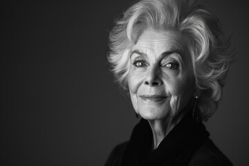 Fototapeta premium A black and white portrait of an elegant senior woman, her hair styled gracefully, and her eyes reflecting wisdom and a zest for life.
