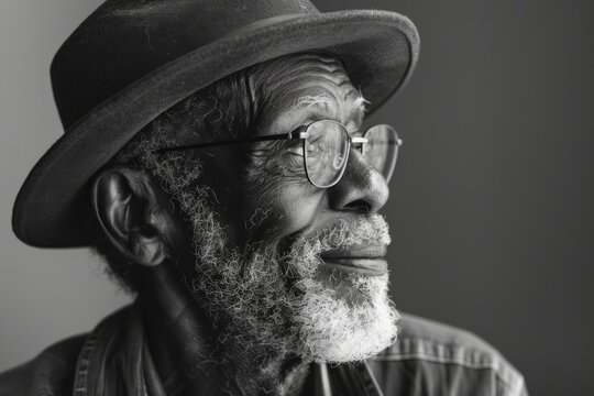 Fototapeta A black and white studio portrait of an elderly man smiling in reverie, his face framed by a timeless hat, reflecting a life well-lived.