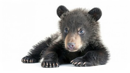 Fototapeta premium Adorable baby bear cub isolated on white background. Cute funny newborn animal portrait. Small furry pet for greeting card. banner template. Good for kids events or animal shelter poster design