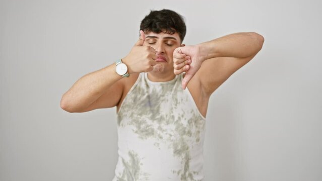 Handsome young man in sleeveless t-shirt, thumbs up and down, displaying crazy conflict of approval and disapproval over isolated white background