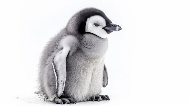 Adorable baby penguin chick isolated on white background. Cute funny newborn animal portrait. Small furry pet for greeting card. banner template. Good for kids events or animal shelter poster design