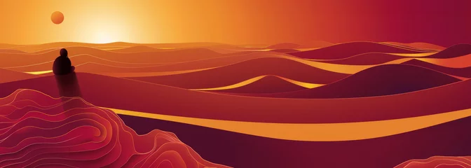 Gardinen A serene illustration of a solitary figure meditating on sand dunes under a radiant sunset, perfect for wellness and spiritual themes. © mshynkarchuk