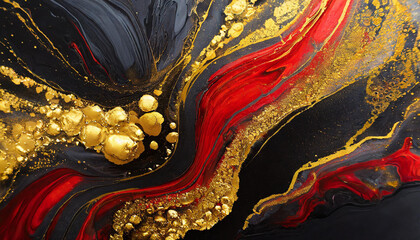 Abstract acrylic painting, Close up red, black and gold background. Oil paint texture with brush...